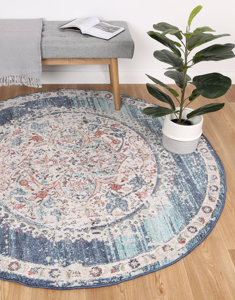 Hollow Medalion Transitional Navy Multi Rug