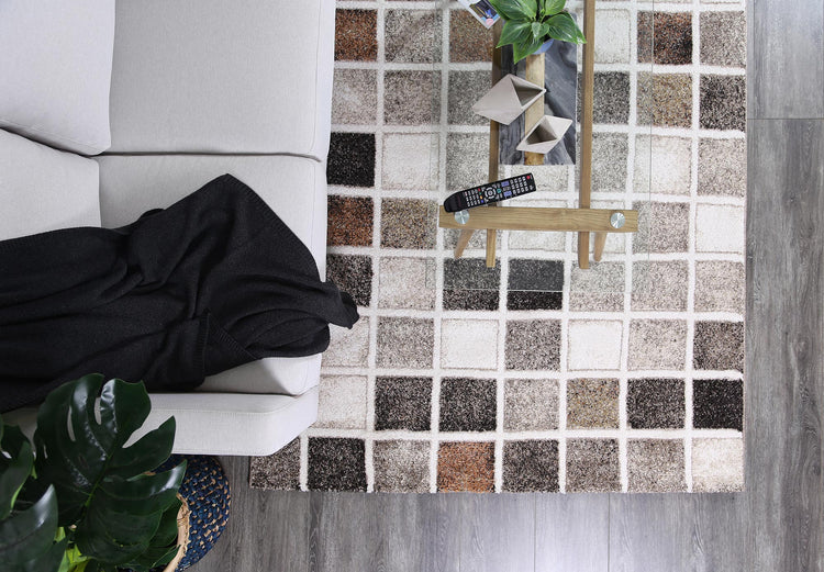 Vision Cream and Beige Square Shape Patterned Ikat Rug