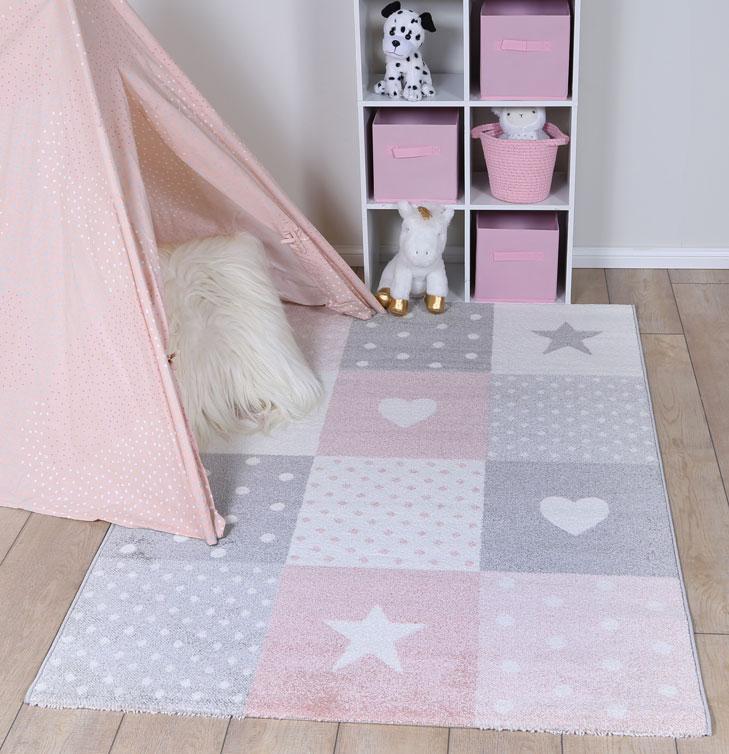 Nova Kids Pink Grey Stars & Hearts Rug