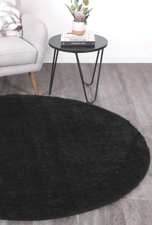 Puffy Soft Shaggy Round Rug Black