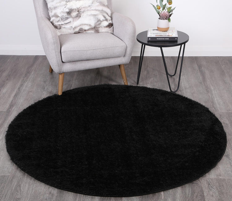 Puffy Soft Shaggy Round Rug Black