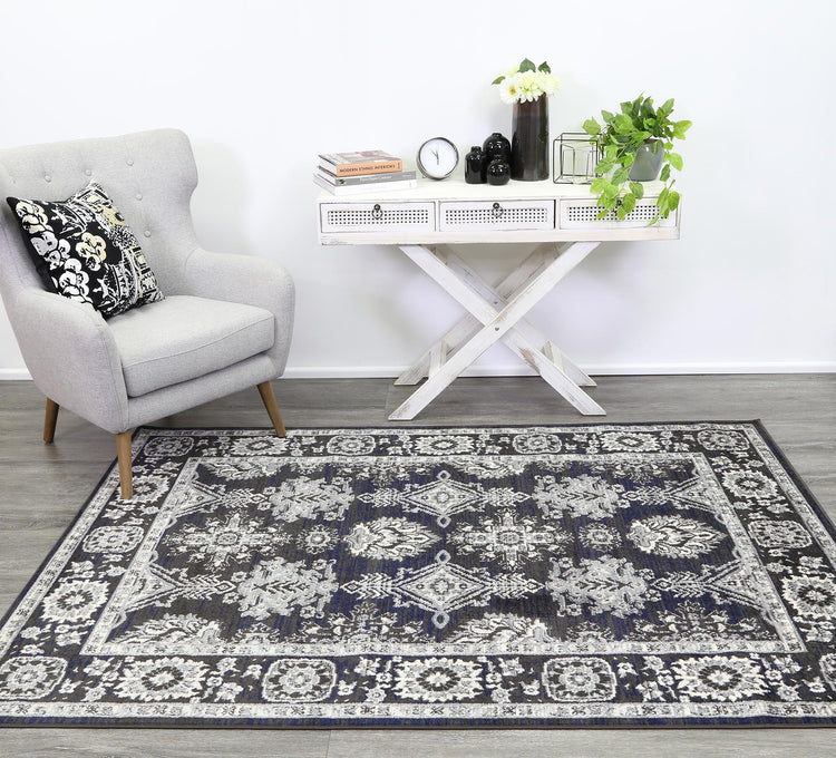 Arya Traditional Navy Grey Rug