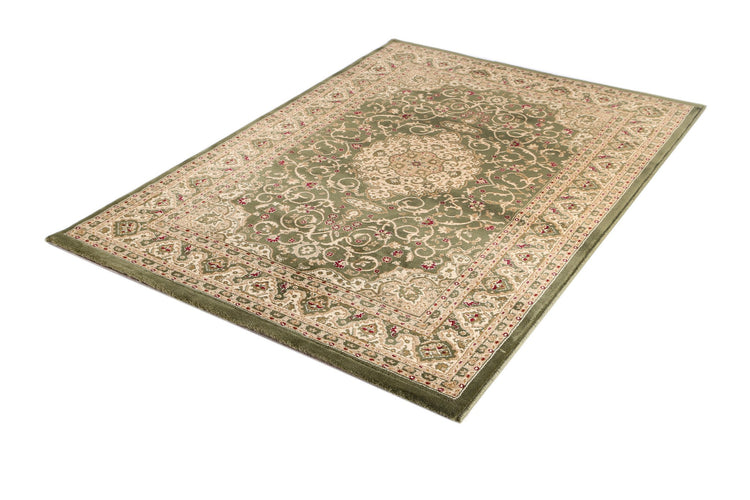 Ornate Green Bordered Traditional Flowered Rug