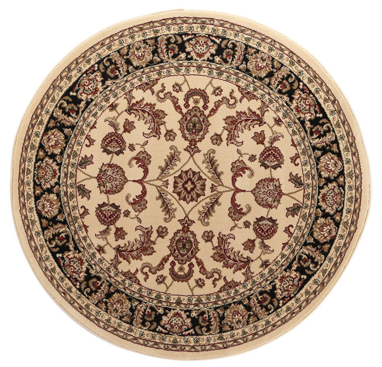 Ornate Cream and Black Traditional Bordered Ikat Rug