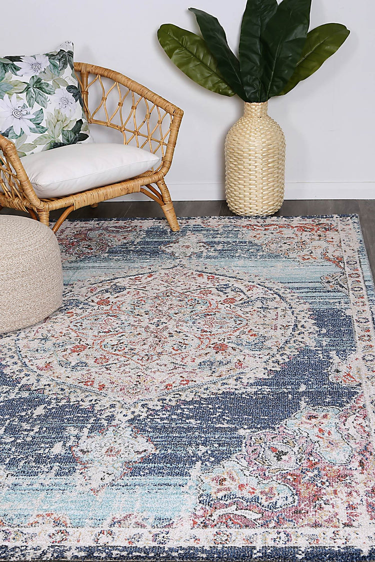 Hollow Medalion Transitional Navy Multi Rug