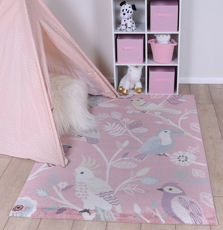 Happy Feet Bright Birds Pink Kids Rug