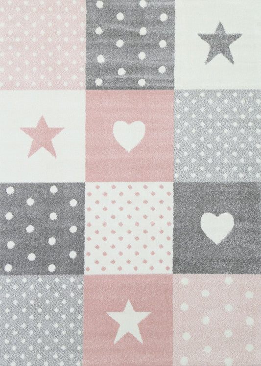 Nova Kids Pink Grey Stars & Hearts Rug