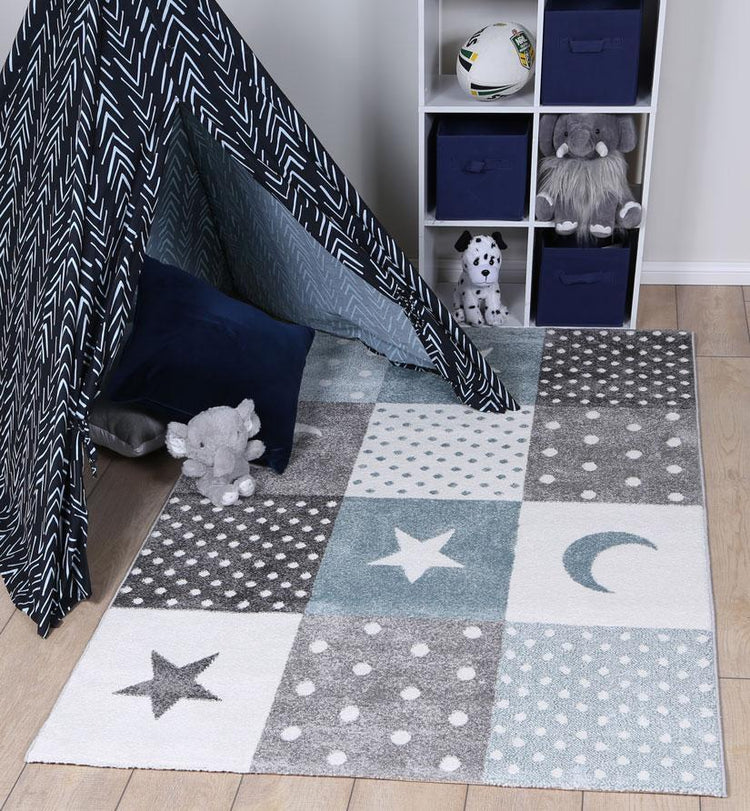 Nova Kids Blue Grey Stars & Moon Rug