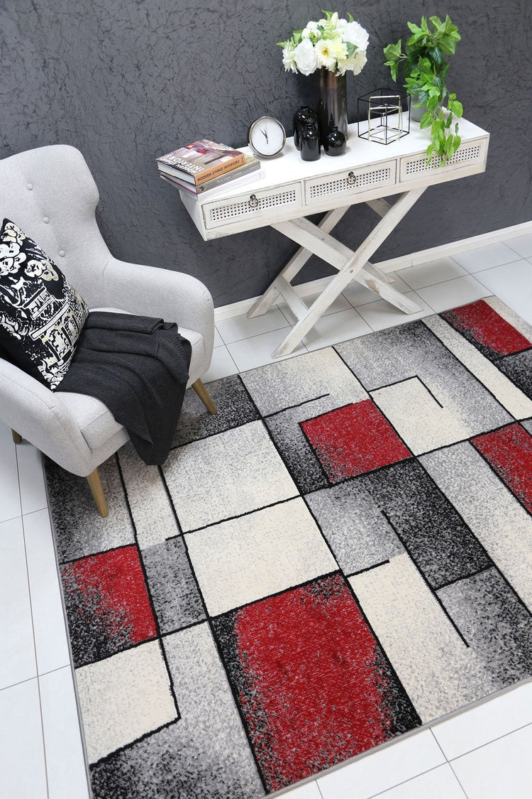 Allure Modern Squares Red Grey Rug