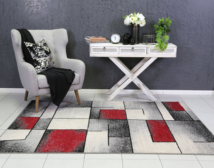 Allure Modern Squares Red Grey Rug